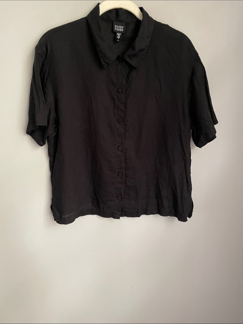 Eileen Fisher Irish Linen Black Short Sleeve Button Front Blouse Size Snall